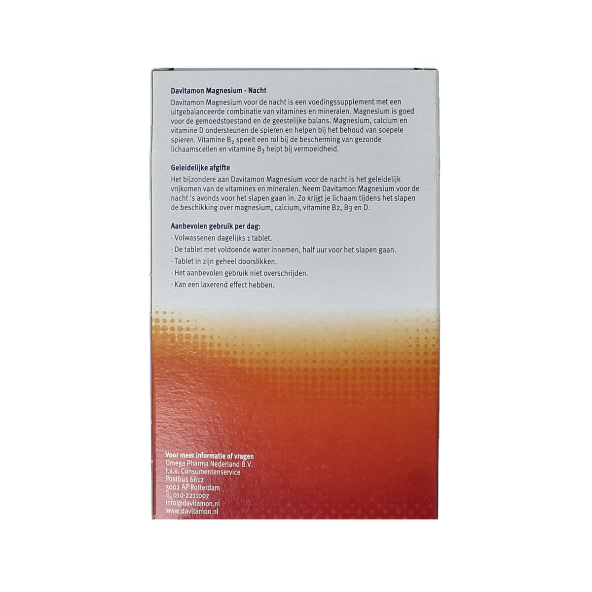 Davitamon Magnesium speciaal voor de nacht, 30 tabletten, mineralen supplement in een blauwe verpakking.