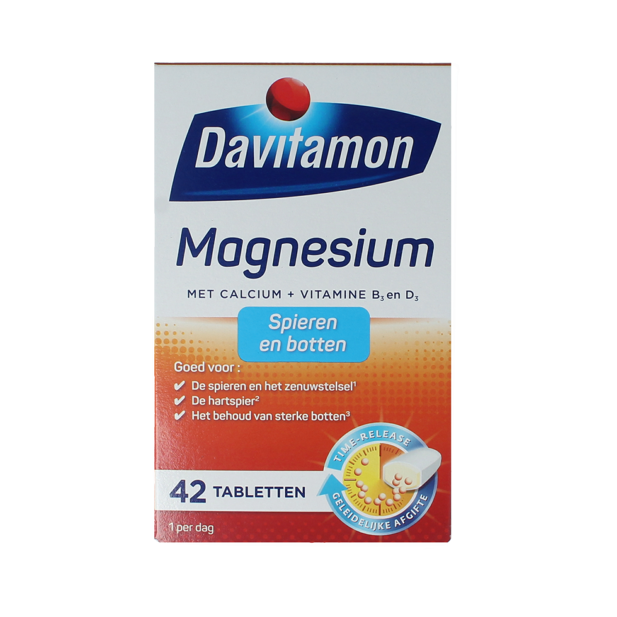 Davitamon Magnesium supplement with 42 tablets, supporting muscles and bones, in a white bottle with label.