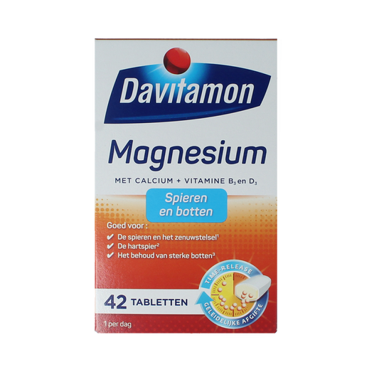 Davitamon Magnesium supplement with 42 tablets, supporting muscles and bones, in a white bottle with label.