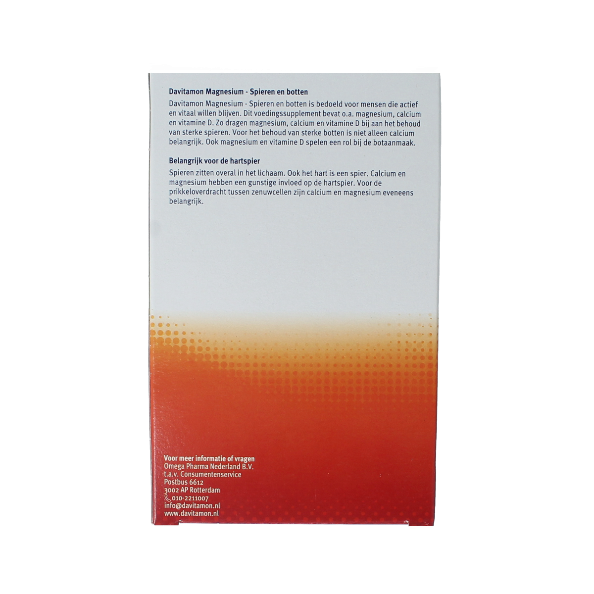 Davitamon Magnesium spieren en botten mineralen supplement in a bottle with 42 tablets, showing the label and tablets inside