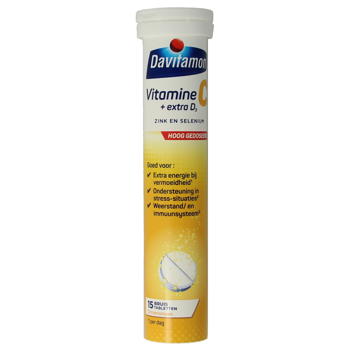 Davitamon Vitamin C & D3 effervescent tablets in a glass of water, showcasing the multi-vitamin supplement packaging.