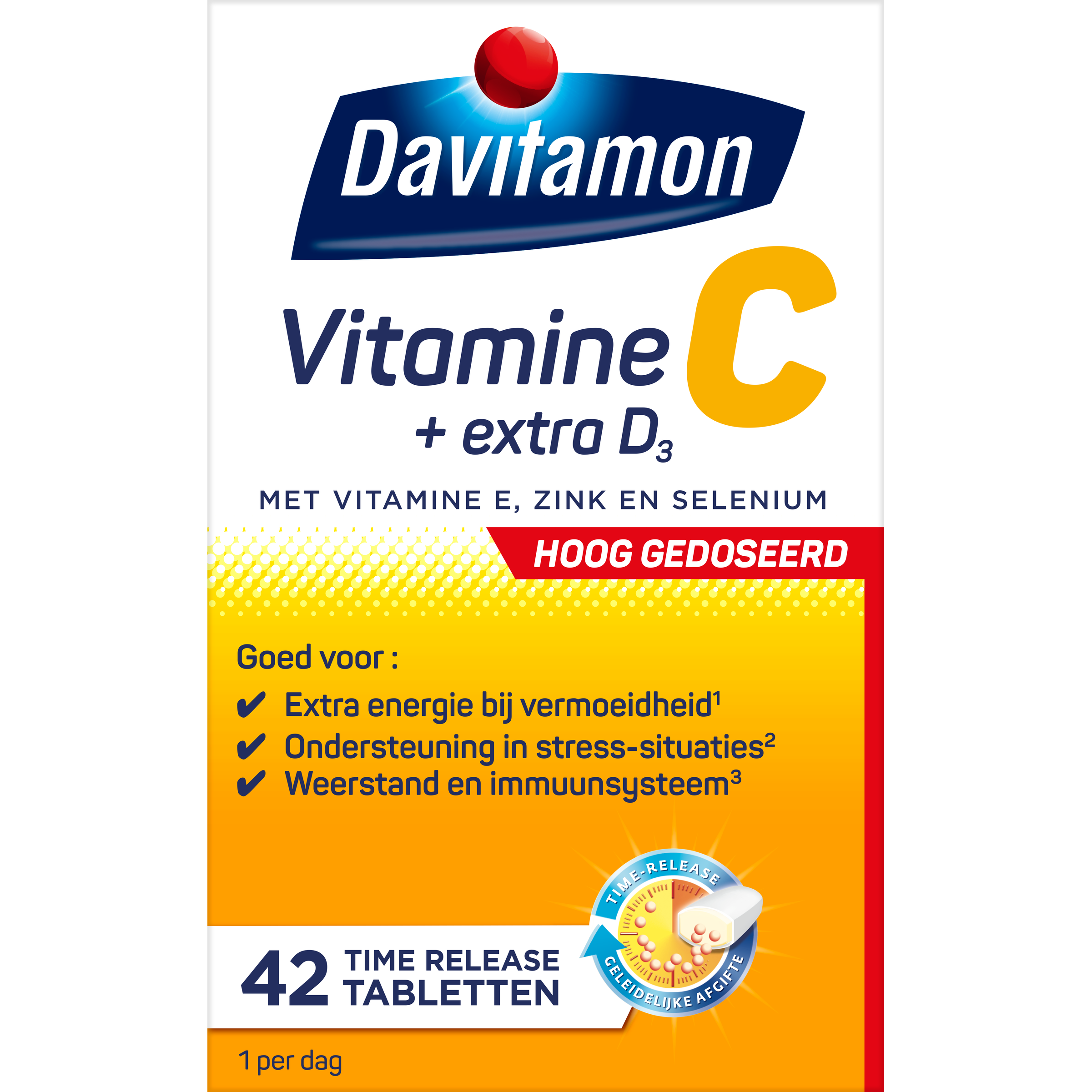 Davitamon Vitamin C time-release tablets, multi-vitamin supplement in a blister pack, 42 tablets for immune support.