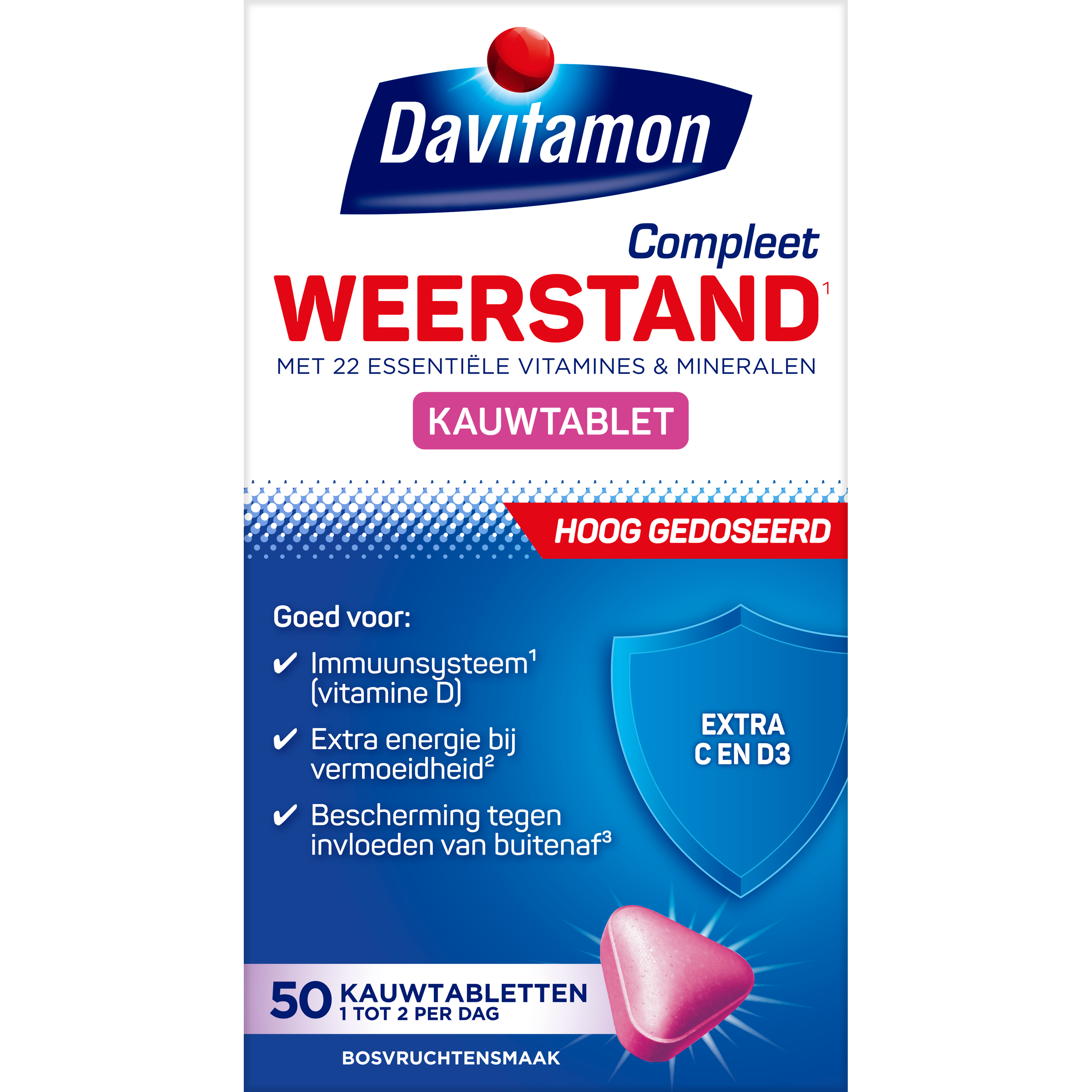 Davitamon Compleet weerstand hoog gedoseerd multivitamine kauwtabletten in blister pack, dietary supplement for immune support