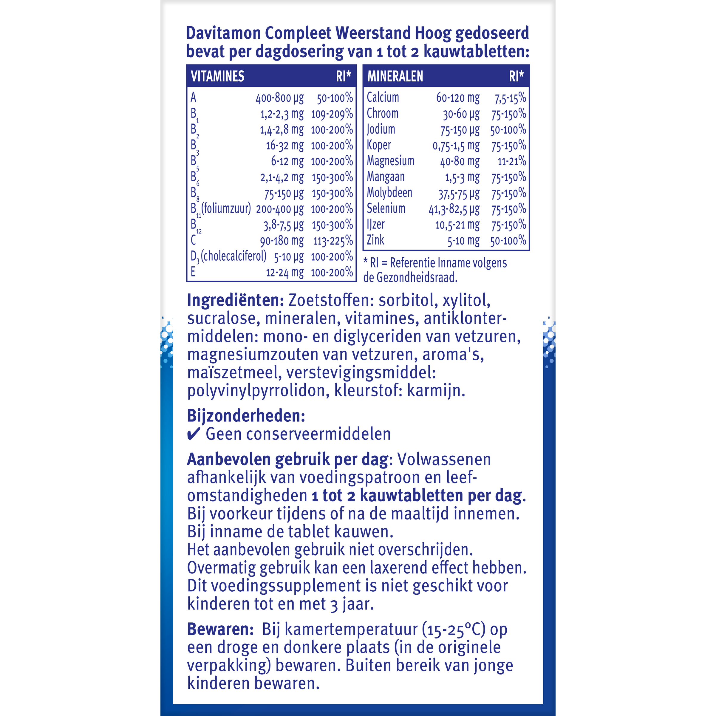 Davitamon Compleet Weerstand Hoog doses multivitamine kauwtabletten in een blisterverpakking, geschikt voor versterking van de weerstand.