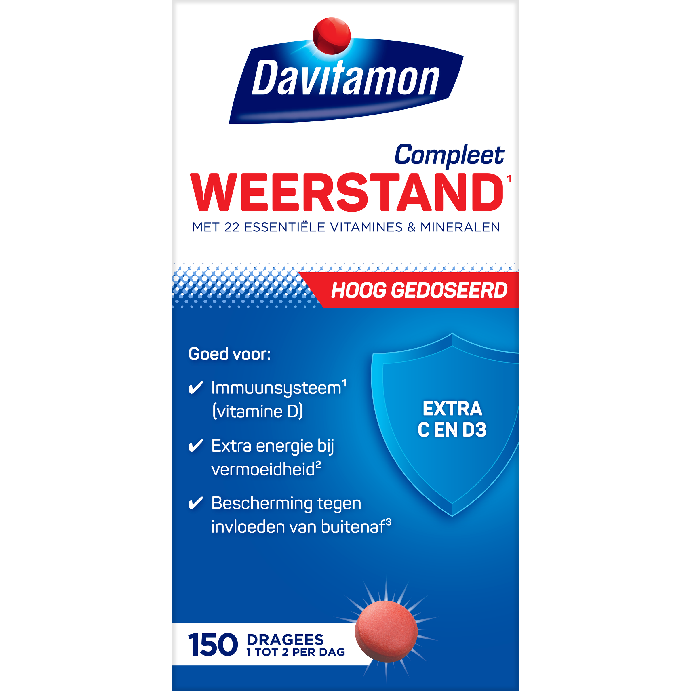 Davitamon Compleet Weerstand Hoog gedoseerd multi-vitamine supplement with 150 dragees in a blister pack