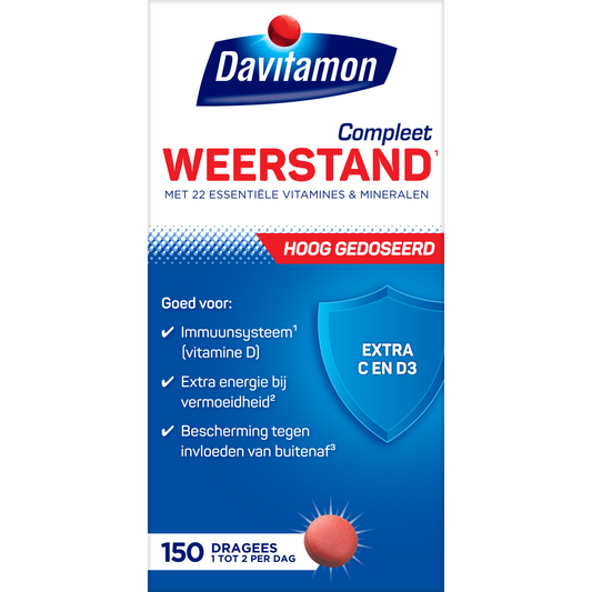 Davitamon Compleet Weerstand Hoog gedoseerd multi-vitamine supplement with 150 dragees in a blister pack