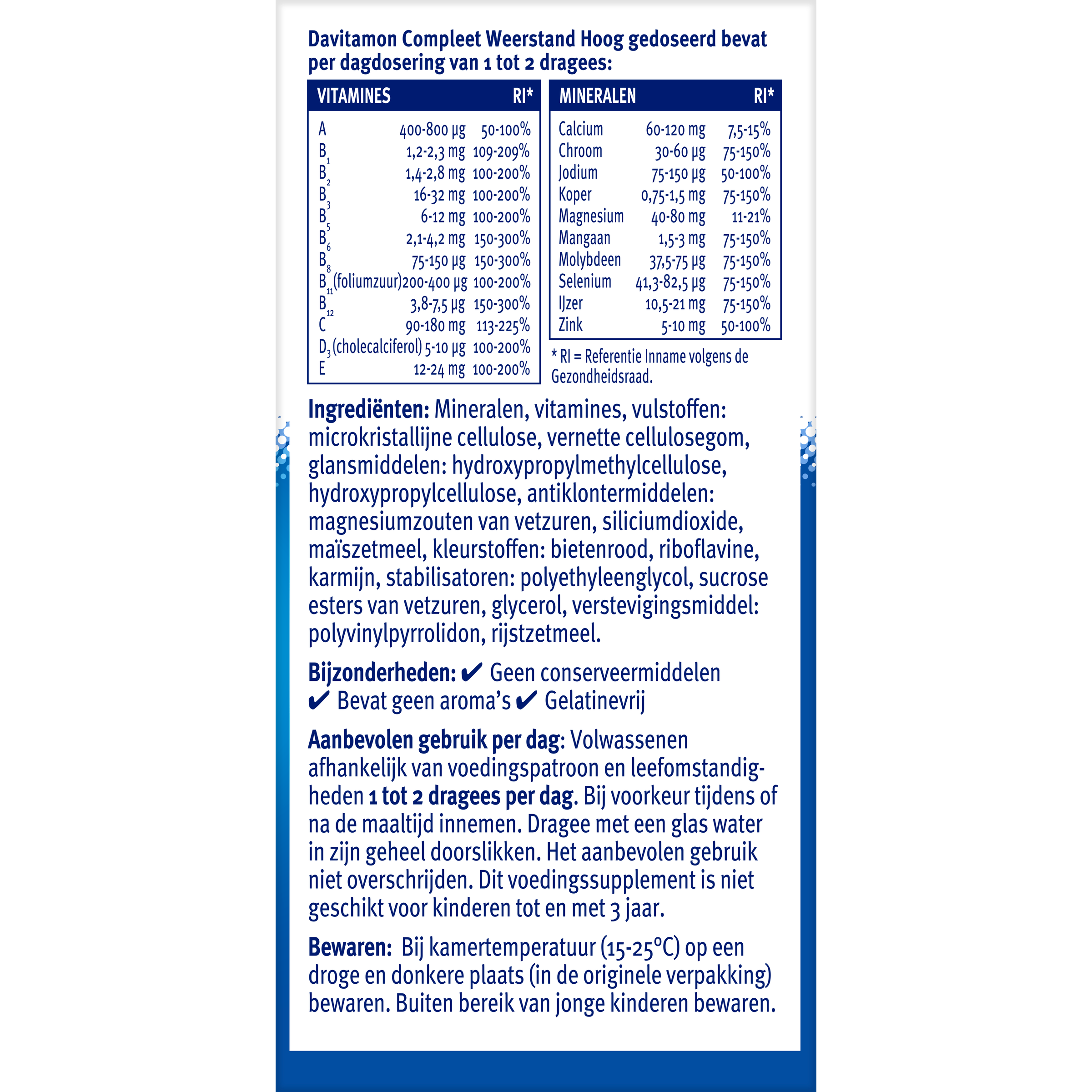 Davitamon Compleet Weerstand Hoog gedoseerd multivitamine dragees, 150 stuk, with colorful coating and blister packaging.