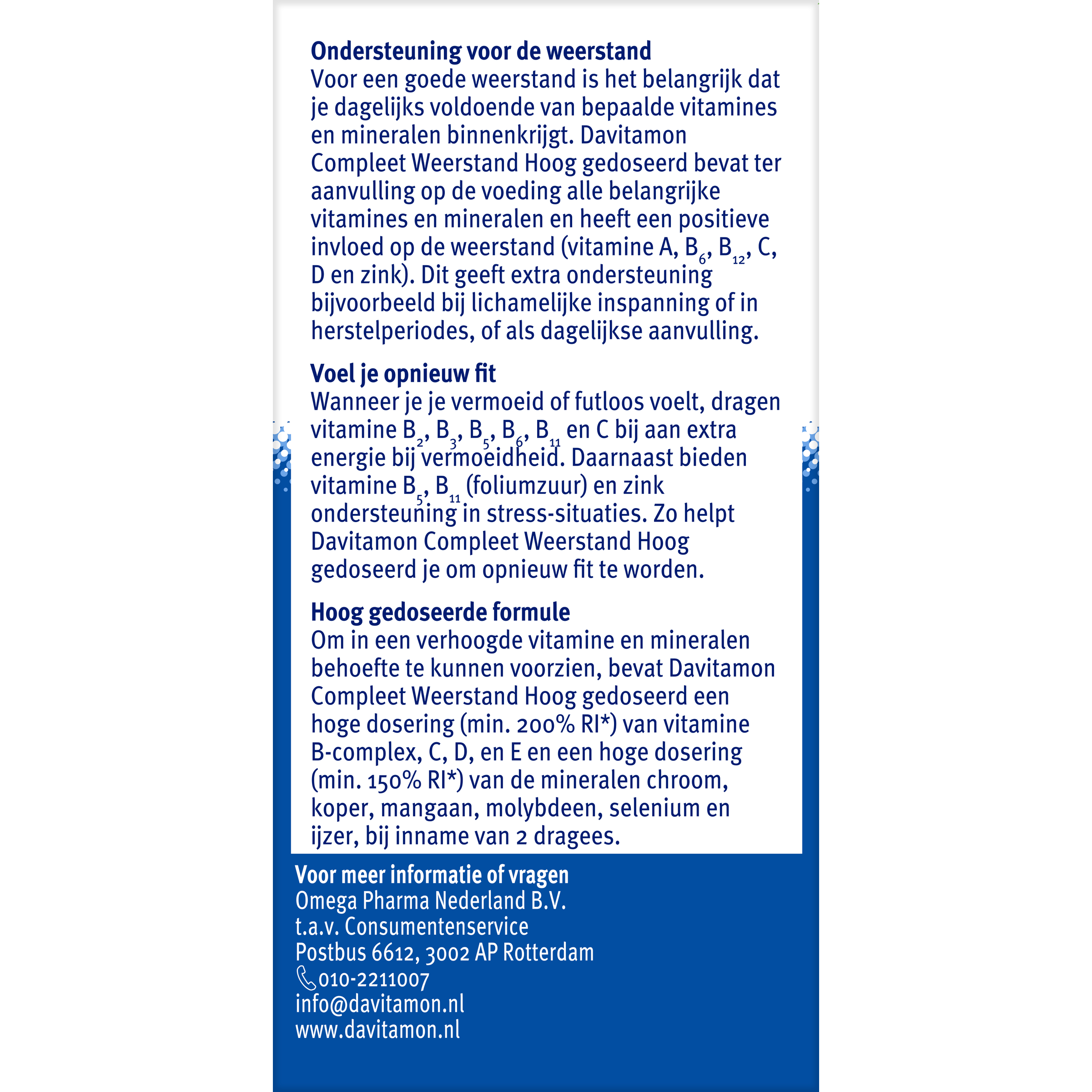 Davitamon Compleet weerstand hoog gedoseerd multi vitamine dragees, supplement in blister pack with colorful tablets