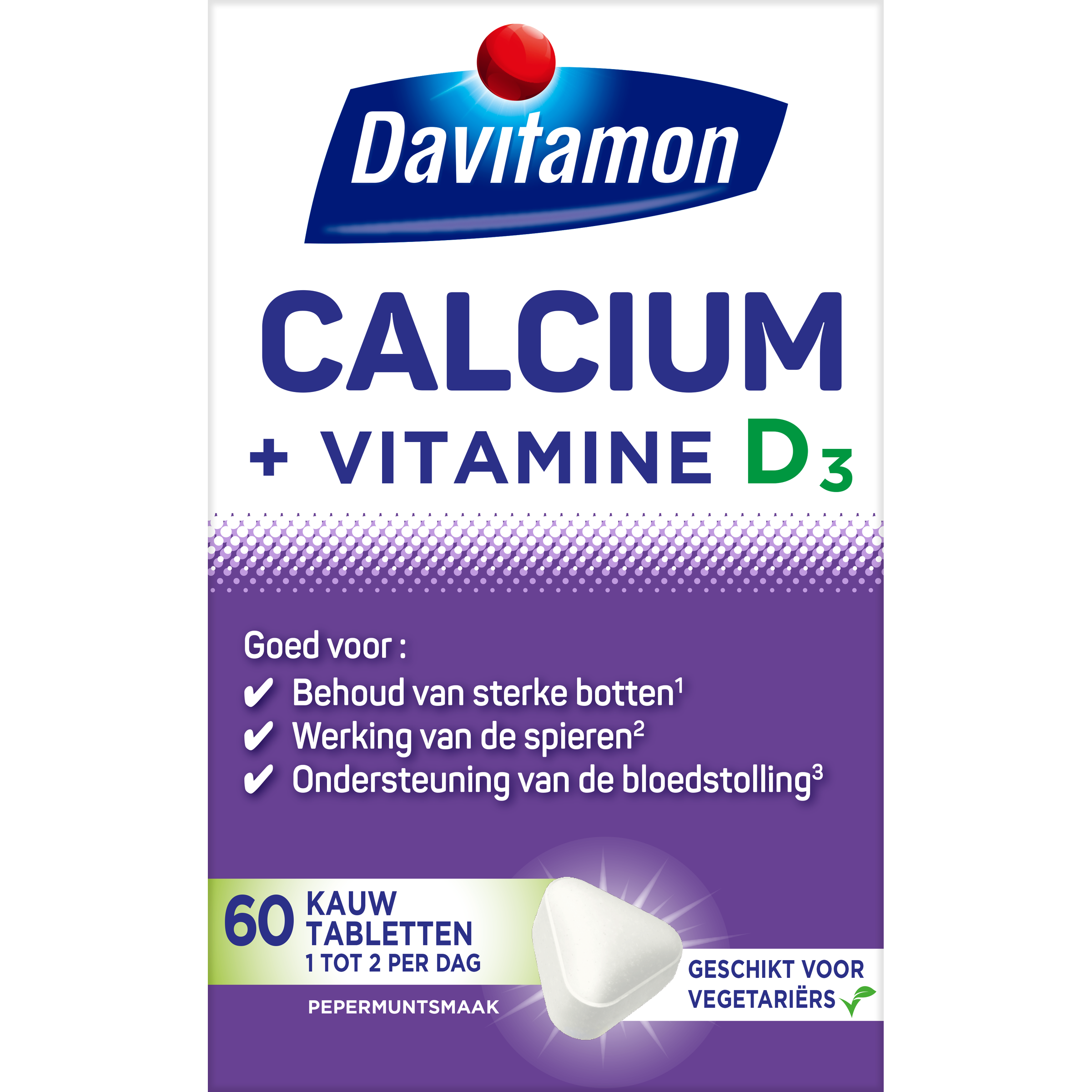 Davitamon Calcium & D3 mint chewable tablets, mineral supplement, showing a bottle and mint-flavored chewables.
