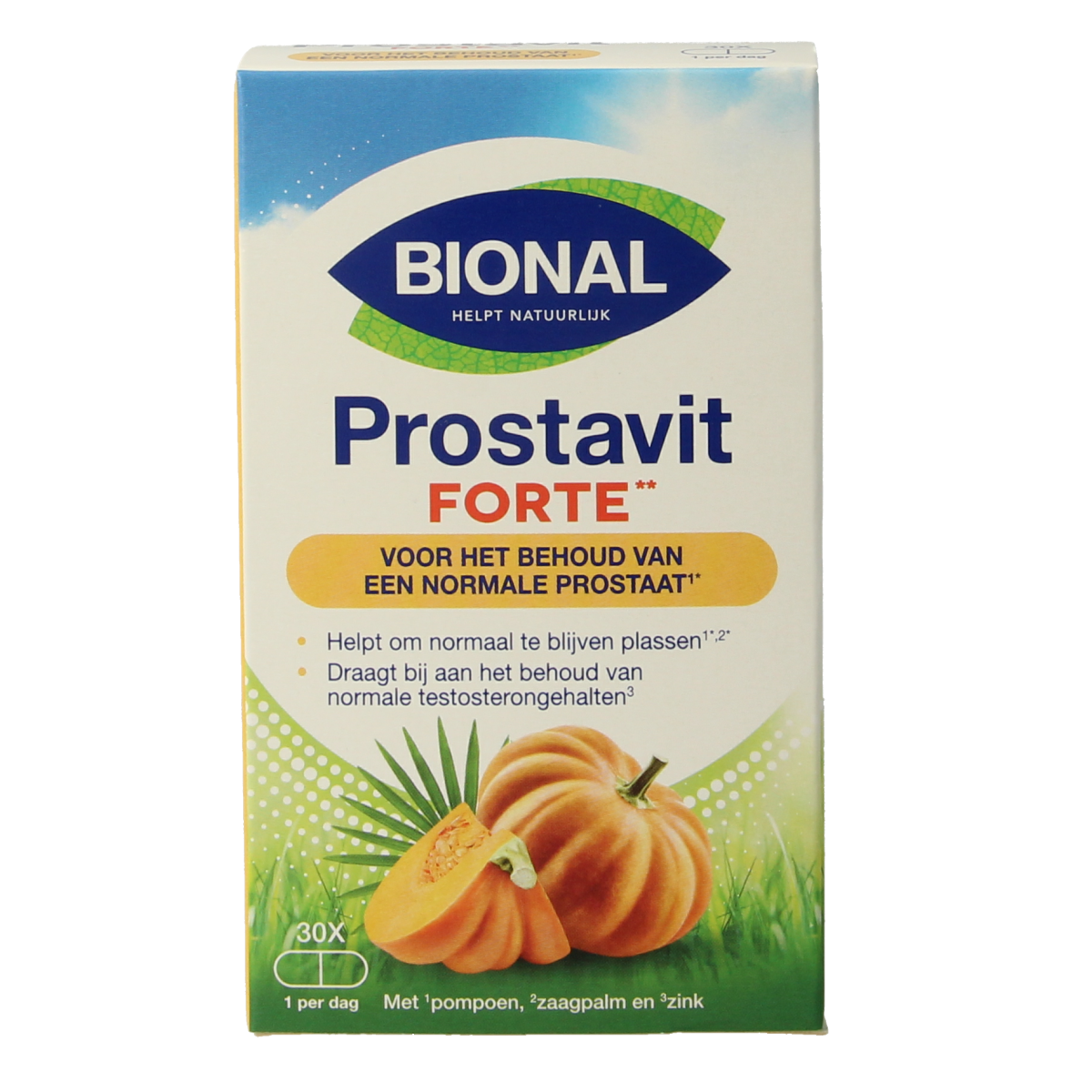 Bional Prostavit Forte herbal supplement capsules, 30-count, featuring natural plant-based ingredients for prostate health.