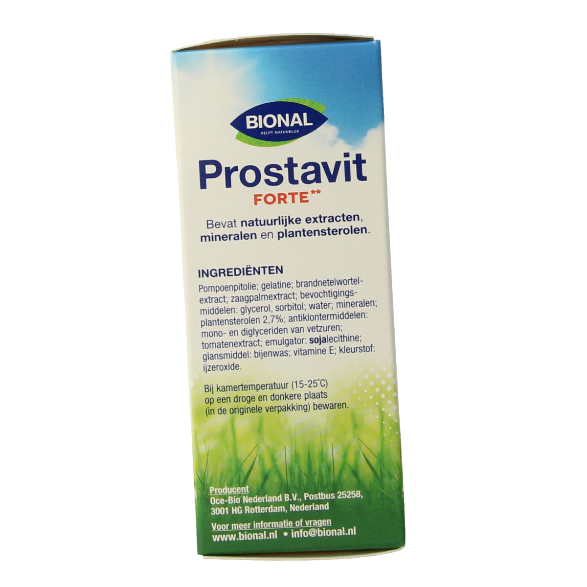Bional Prostavit Forte herbal capsules in a bottle, dietary supplement for prostate health, with green and white packaging.