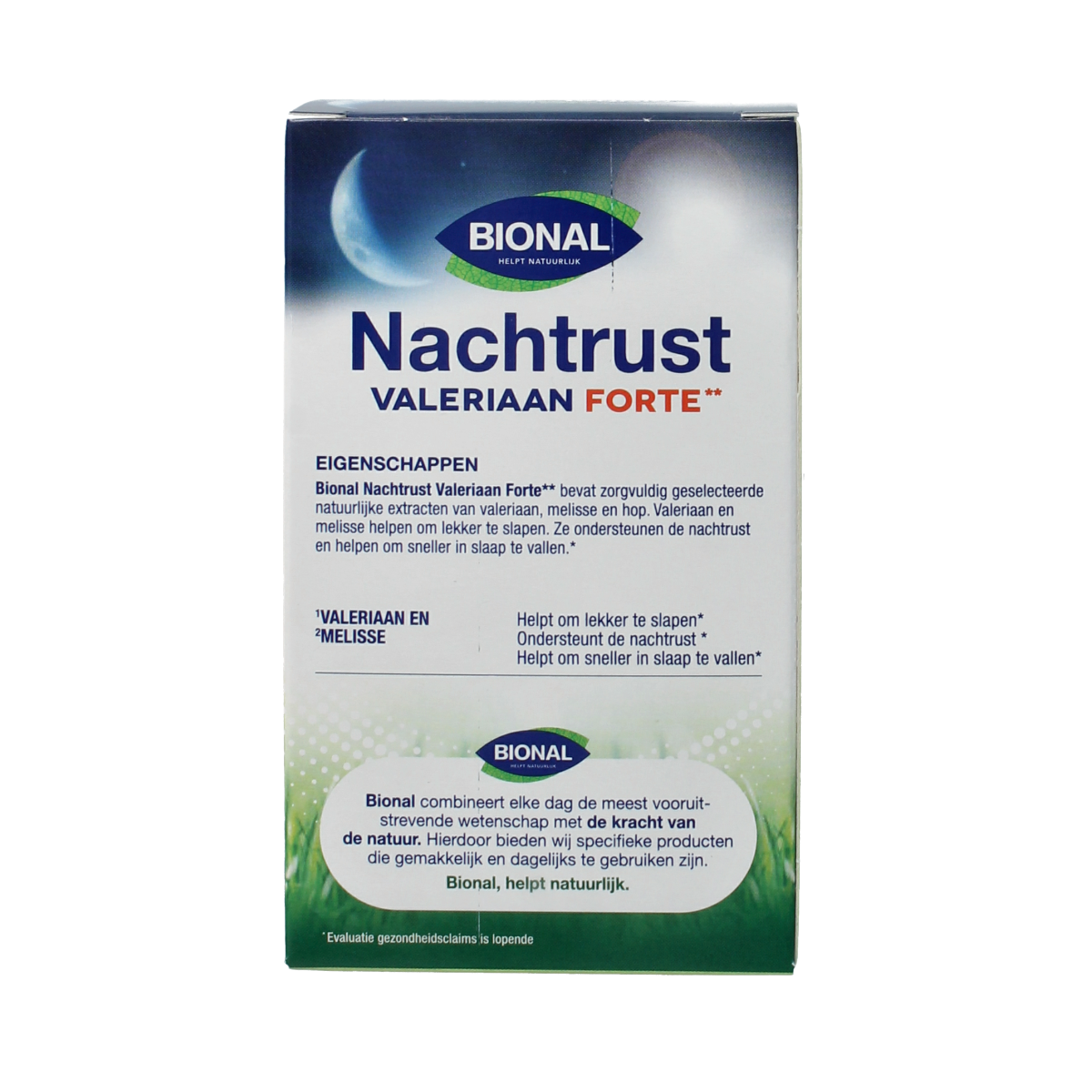 Bional Nachtrust Forte herbal supplement capsules, natural remedy for restful sleep, in a blister pack with 60 capsules.