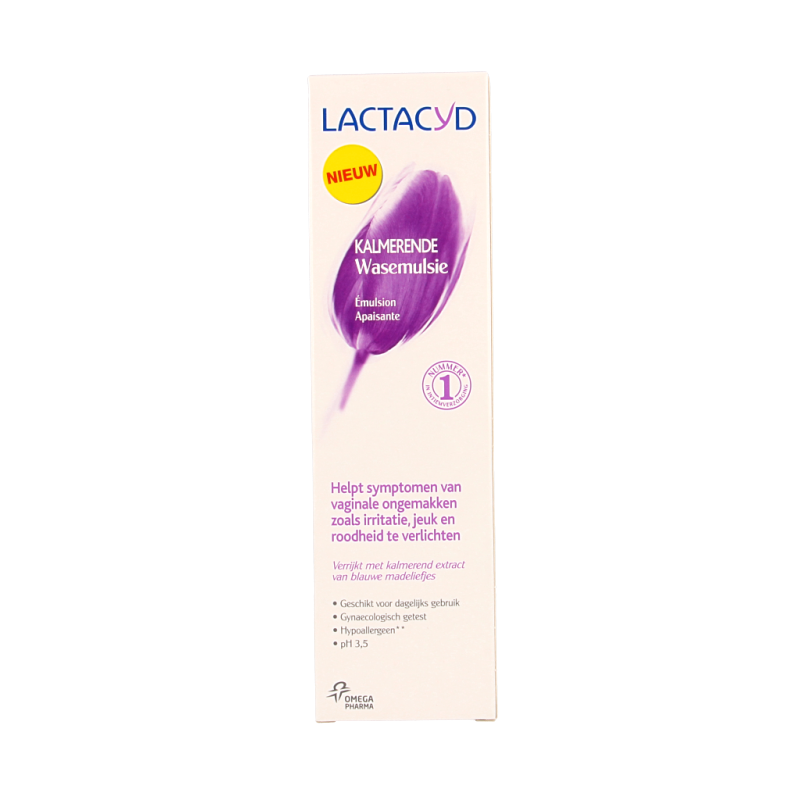 Lactacyd Wasemulsie kalmerend dameshygiëne product in 250ml bottle, designed for feminine comfort and hygiene.