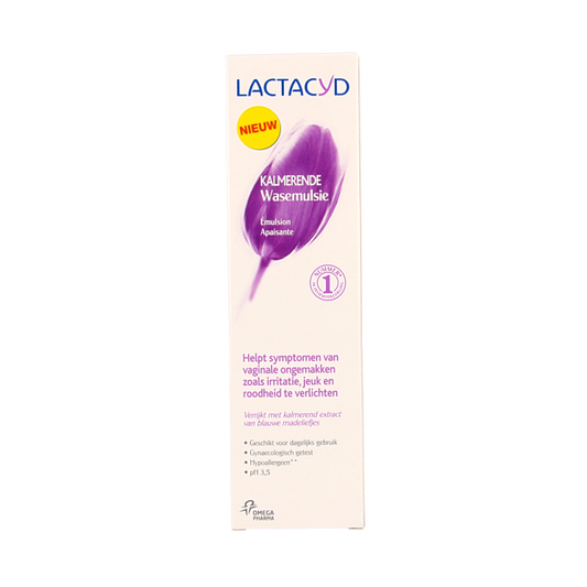 Lactacyd Wasemulsie kalmerend dameshygiëne product in 250ml bottle, designed for feminine comfort and hygiene.