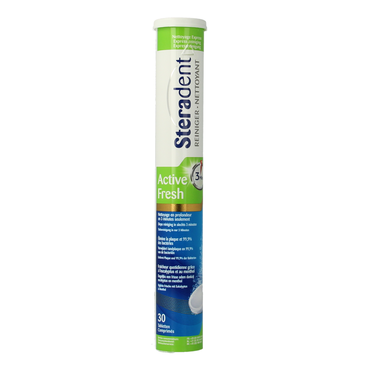 Steradent Active Fresh denture cleaning tablets in a box, designed for prostheses, with 30 individual units.