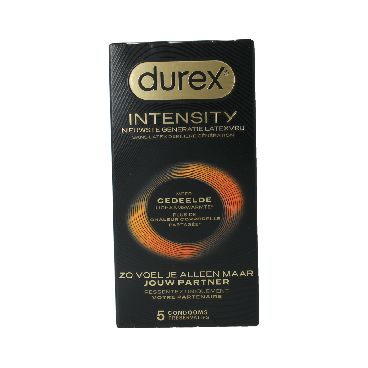Durex Intensity condoms pack of five, featuring colorful packaging and individual condom wrappers, designed for protection.