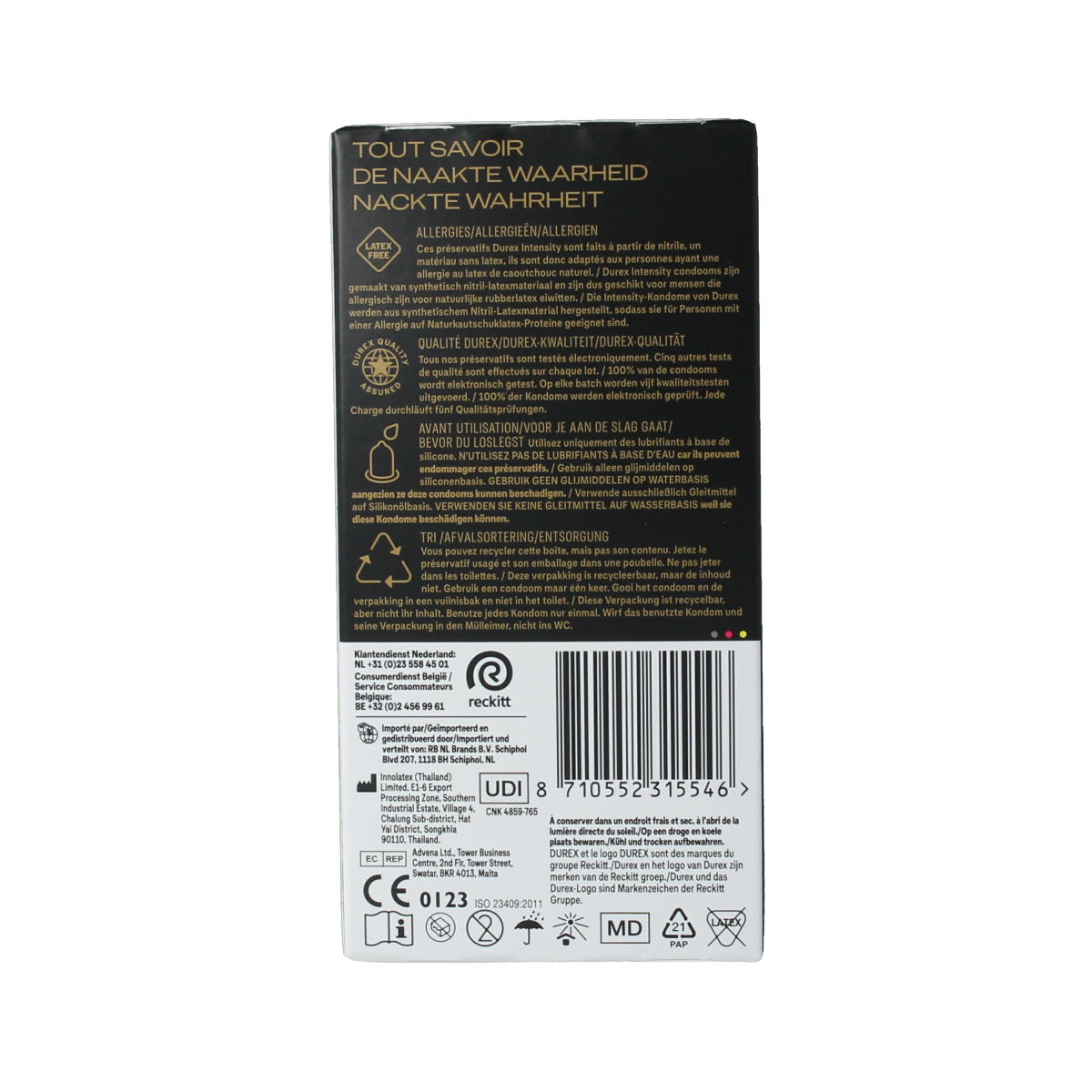 Durex Intensity condoms, pack of 5, showing the condom packaging with brand logo and product details.