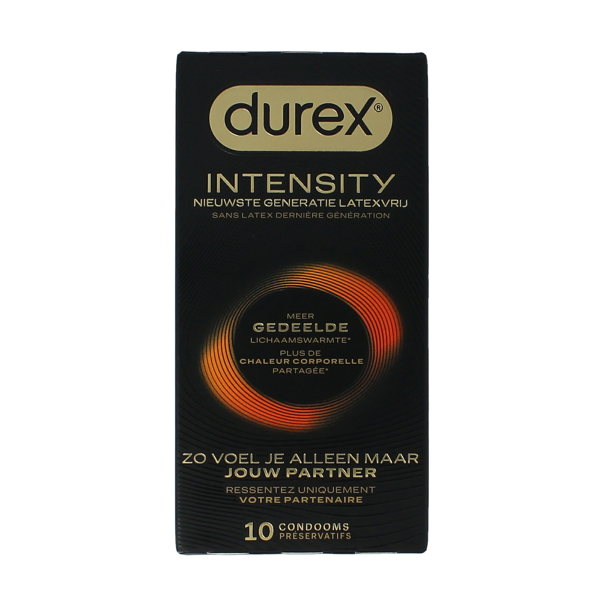 Durex Condooms Intensity pack with 10 condoms, featuring the Durex brand logo and packaging in the image.