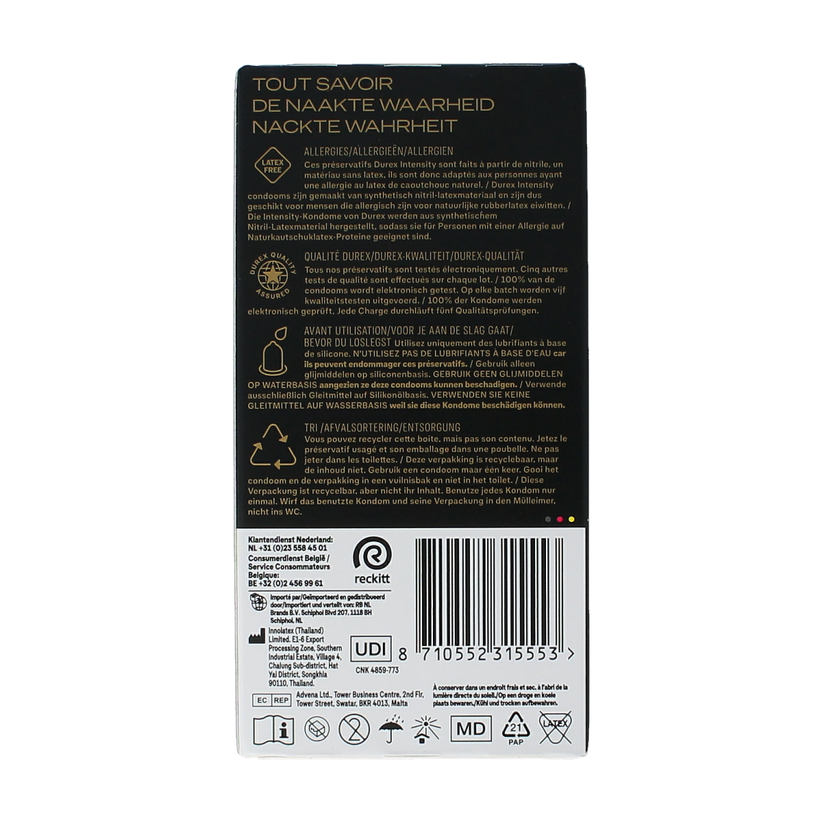Durex Condooms Intensity pack with 10 condoms, featuring sleek packaging and the Durex brand logo visible.