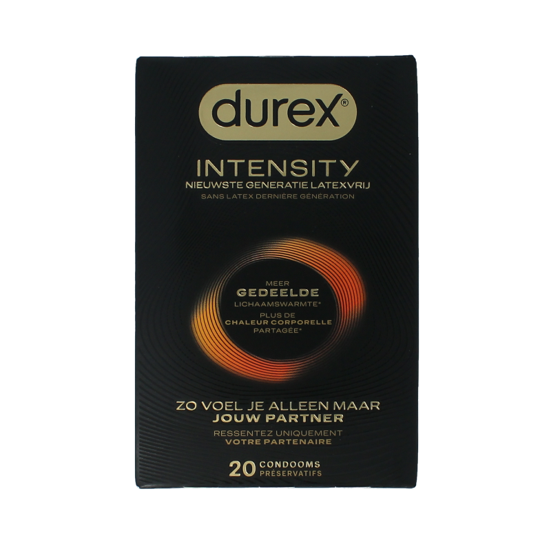 Durex Condooms Intensity pack with 20 condoms, featuring sleek packaging and the Durex brand logo.