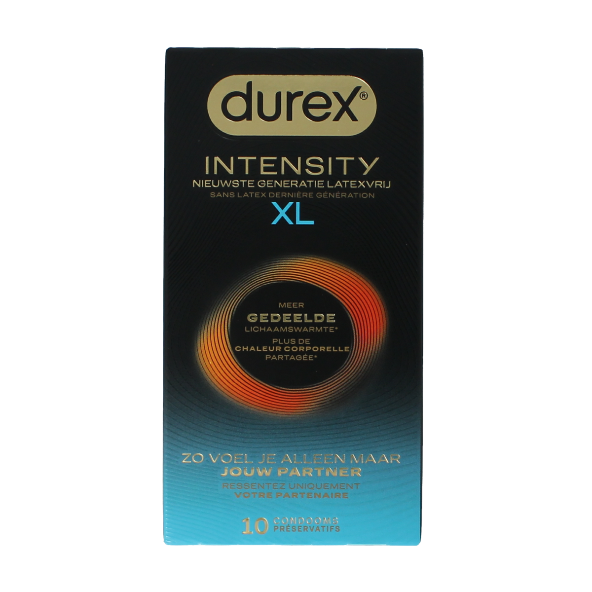Durex Condooms Intensity XL pack with 10 condoms, featuring packaging showing the product and brand logo.