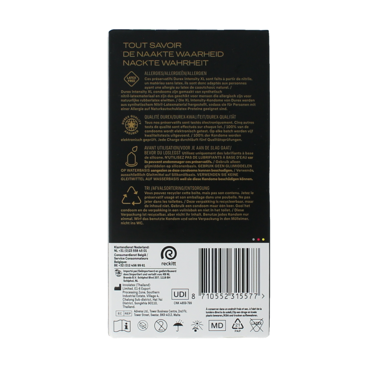 Durex Condooms Intensity XL pack containing 10 condoms, featuring extra size and textured design for enhanced pleasure.
