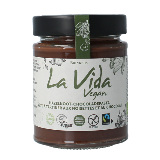 Jar of La Vida bio hazelnut spread, 270g, with a smooth, creamy texture suitable for bread and spreads.