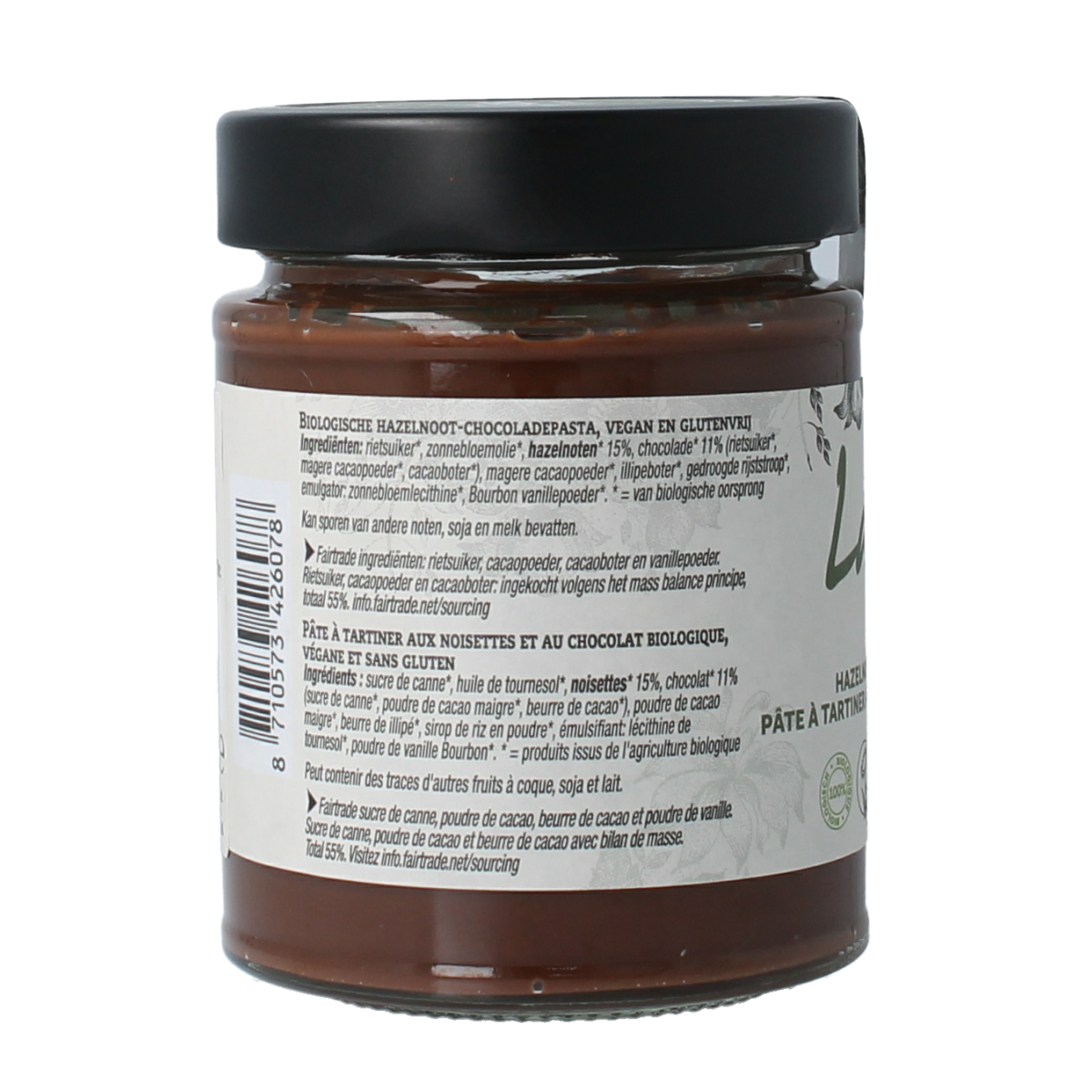 Organic La Vida hazelnut spread on bread, 270g jar, natural and creamy with visible hazelnuts and smooth texture.