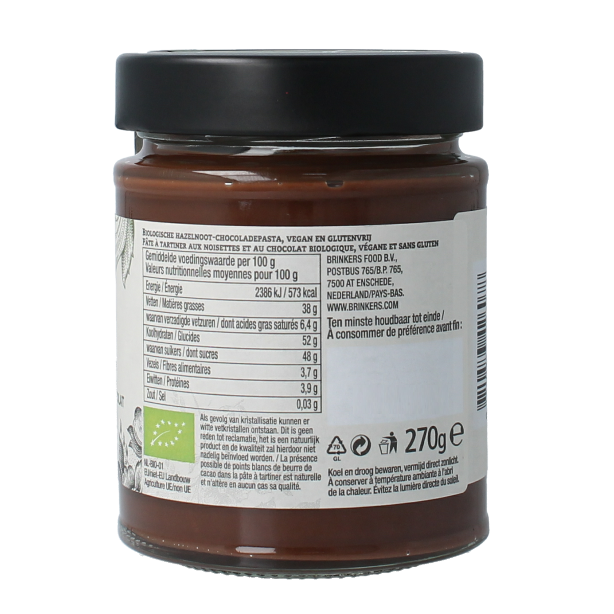 Organic La Vida hazelnut spread on bread, 270g, natural broodbeleg with rich hazelnut flavor and creamy texture.