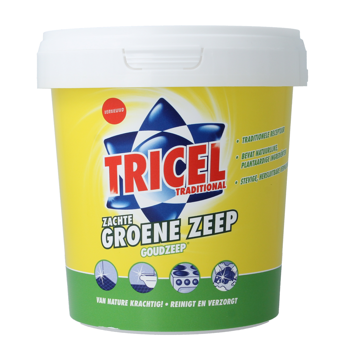Tricel Goudzeep bio soap in a green container, 750g, featuring a natural soap bar with textured surface and green packaging.
