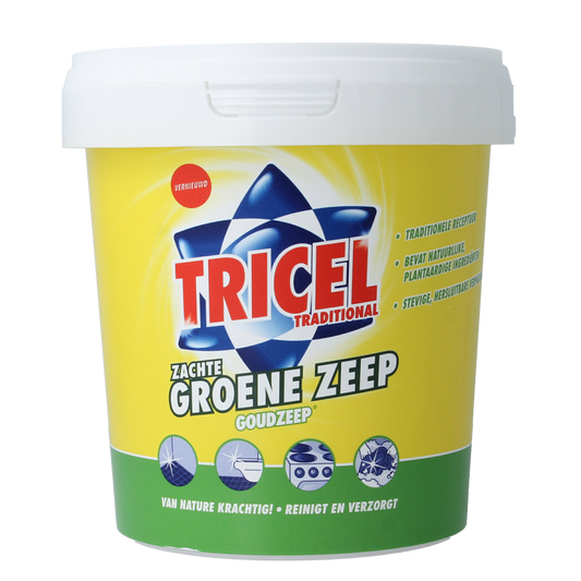 Tricel Goudzeep bio soap in a green container, 750g, featuring a natural soap bar with textured surface and green packaging.