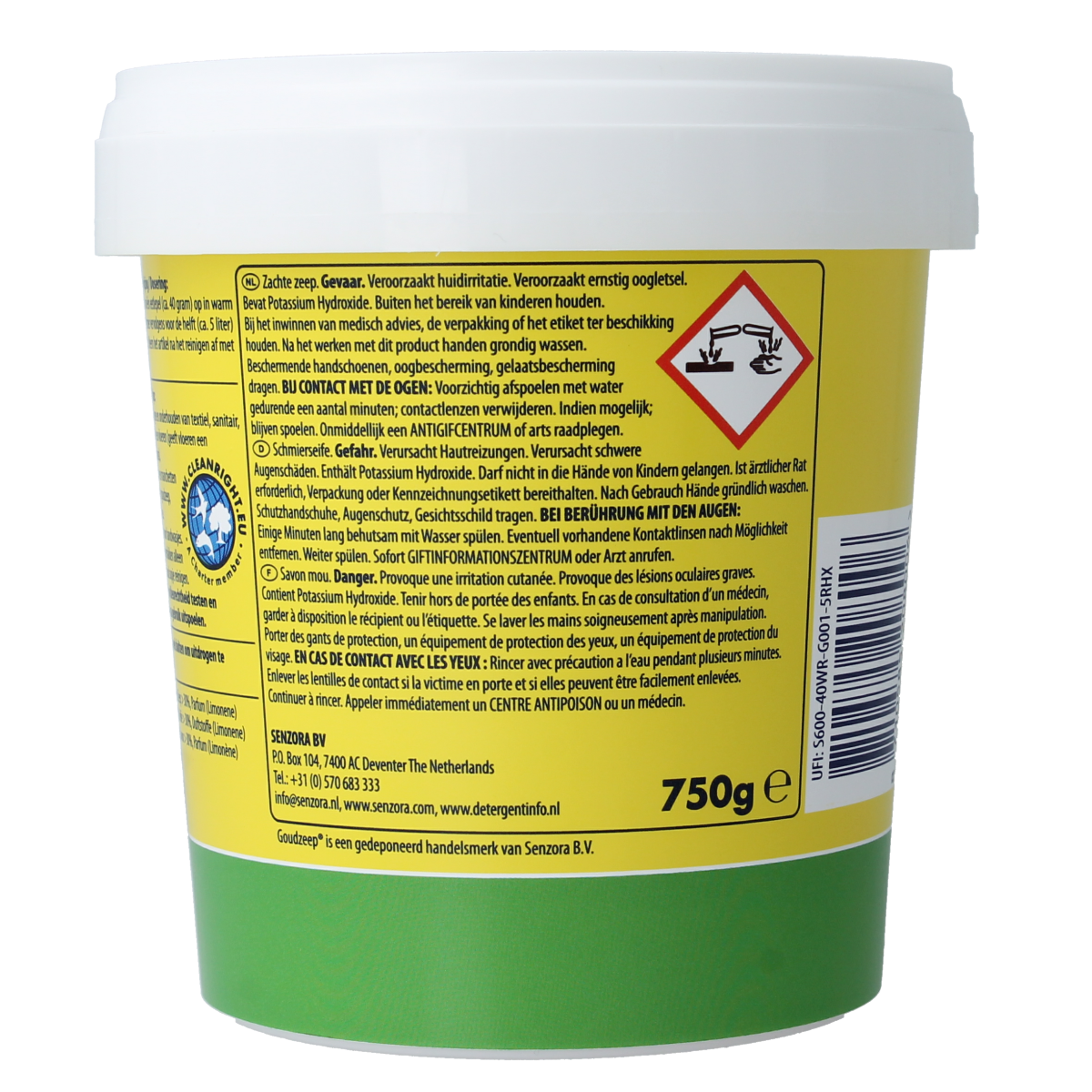 Tricel Goudzeep bio soap in green container, 750g, natural skincare product with a green lid and label, on a white background.