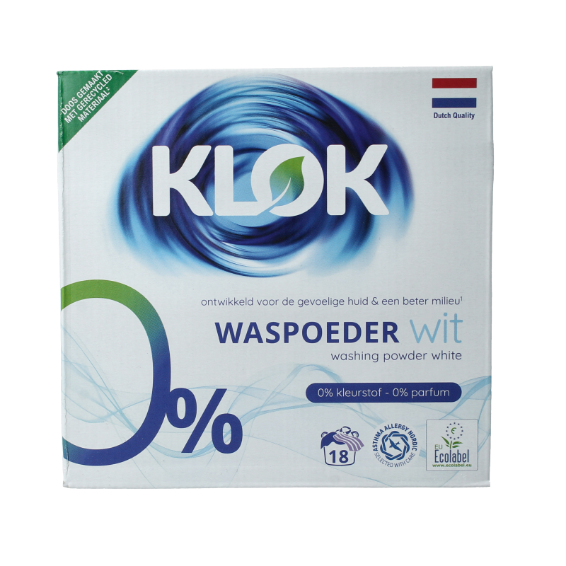 Klok Waspoeder wit in 1170 gram verpakking, wasmiddelen product with white powder visible in the image.