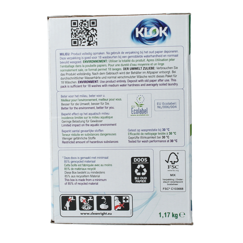 Klok Waspoeder wit 1170 gram, wasmiddelen box with white powder, brand logo visible on the packaging.
