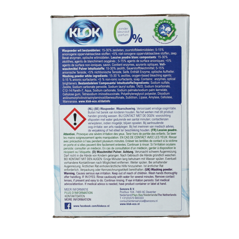 Klok Waspoeder wit in 1170 gram verpakking, wasmiddelen product with white powder in a container.