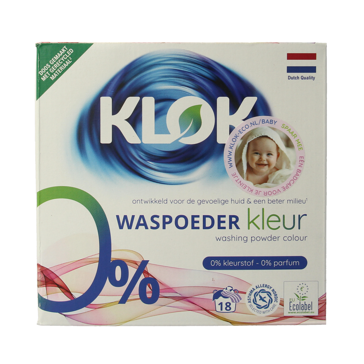 Klok Waspoeder kleur in 1170g container, colorful laundry detergent powder for vibrant clothing, brand Klok.