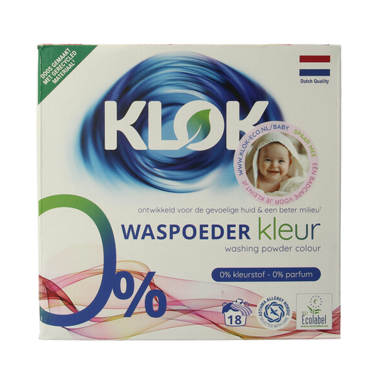 Klok Waspoeder kleur in 1170g container, colorful laundry detergent powder for vibrant clothing, brand Klok.