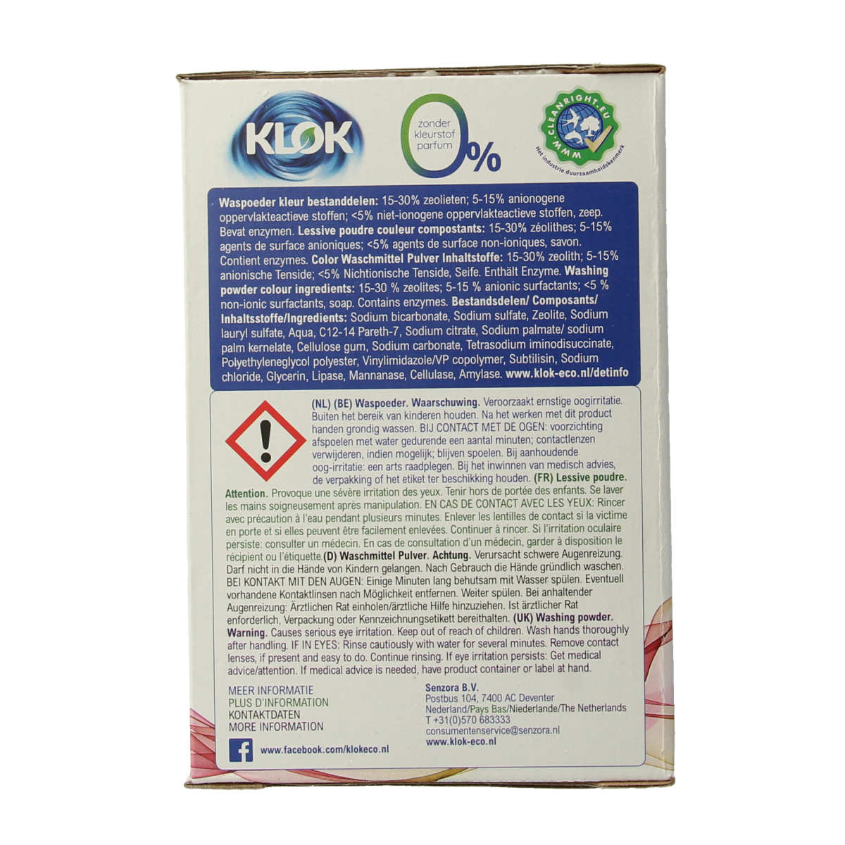 Klok Waspoeder in kleur, 1170g, laundry detergent powder with colorful packaging, designed for effective cleaning.