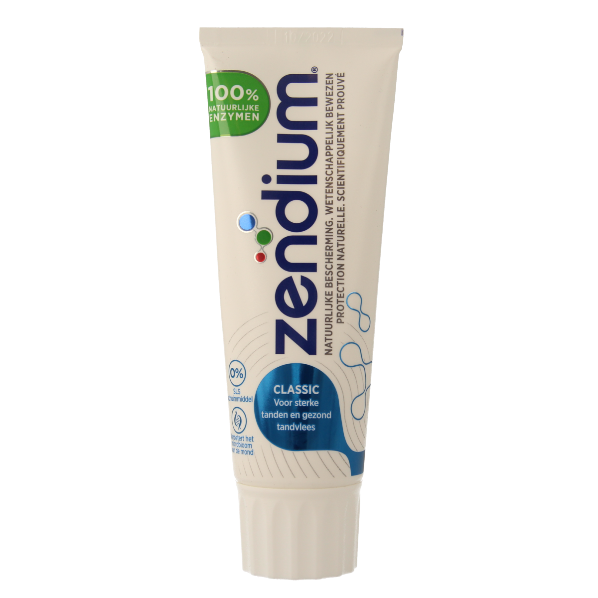 Zendium Classic toothpaste in 75ml tube, featuring a white packaging with Zendium branding and a clean, fresh design.