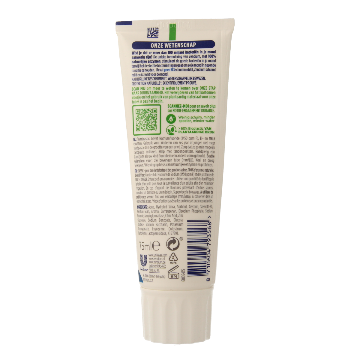 Zendium Classic toothpaste tube, 75ml, with the Zendium brand logo and white packaging visible.