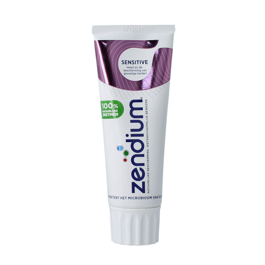 Zendium Sensitive toothpaste 75ml tube with white and blue packaging showing the Zendium logo and product details.