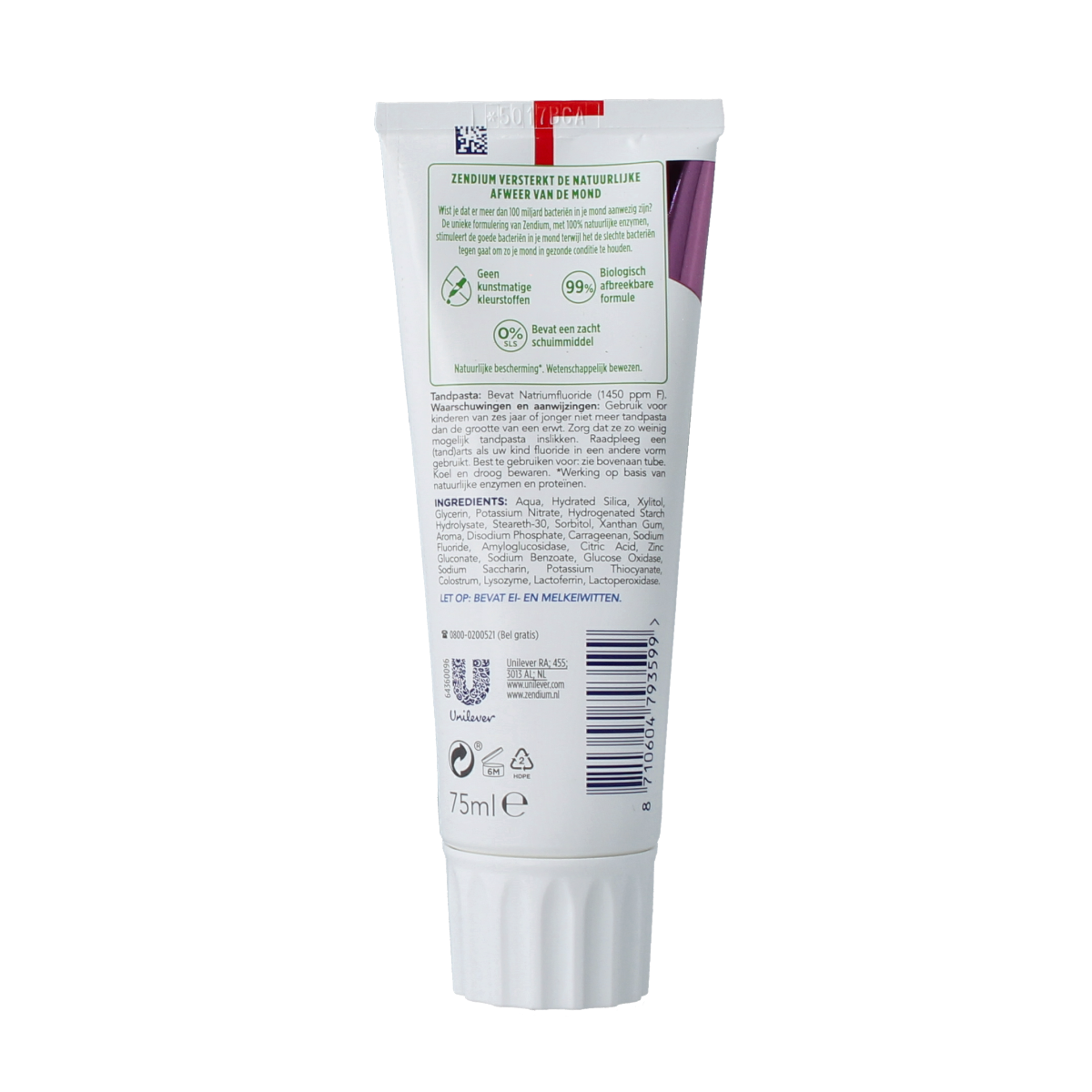 Zendium Sensitive toothpaste in 75ml tube showing the white tube with blue and green accents and Zendium branding.
