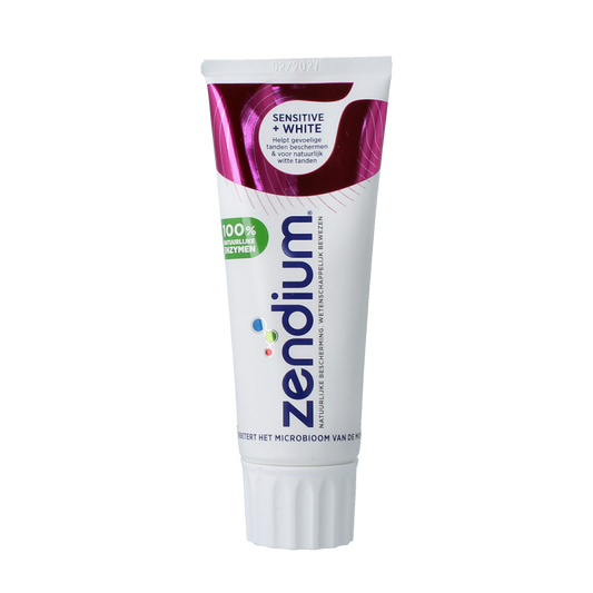 Zendium Sensitive Whitening Toothpaste 75ml tube with blue and white packaging, designed for gentle whitening and oral care.