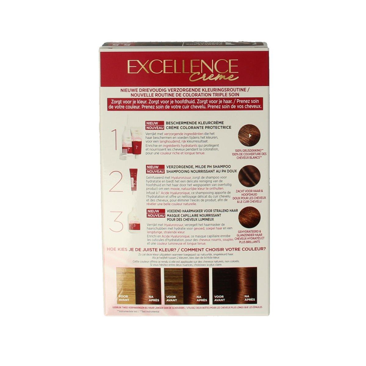 Excellence 5.5 Licht Mahoniebruin hair coloring set, natural brown shades, in a professional hair dye kit.