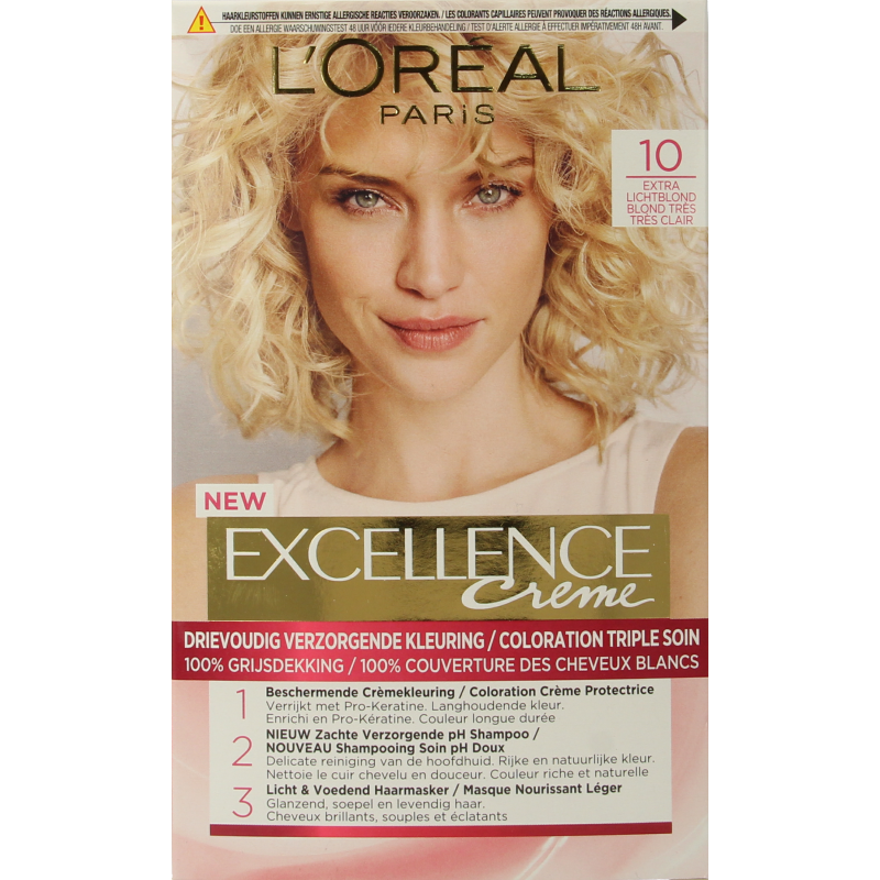 Excellence 10 Extra Lichtblond hair coloring kit with light blonde shade from Excellence brand, showing the product box and color sample.