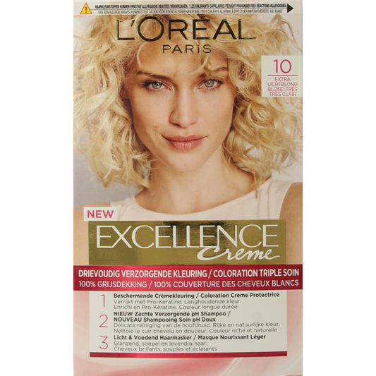 Excellence 10 Extra Lichtblond hair coloring kit with light blonde shade from Excellence brand, showing the product box and color sample.