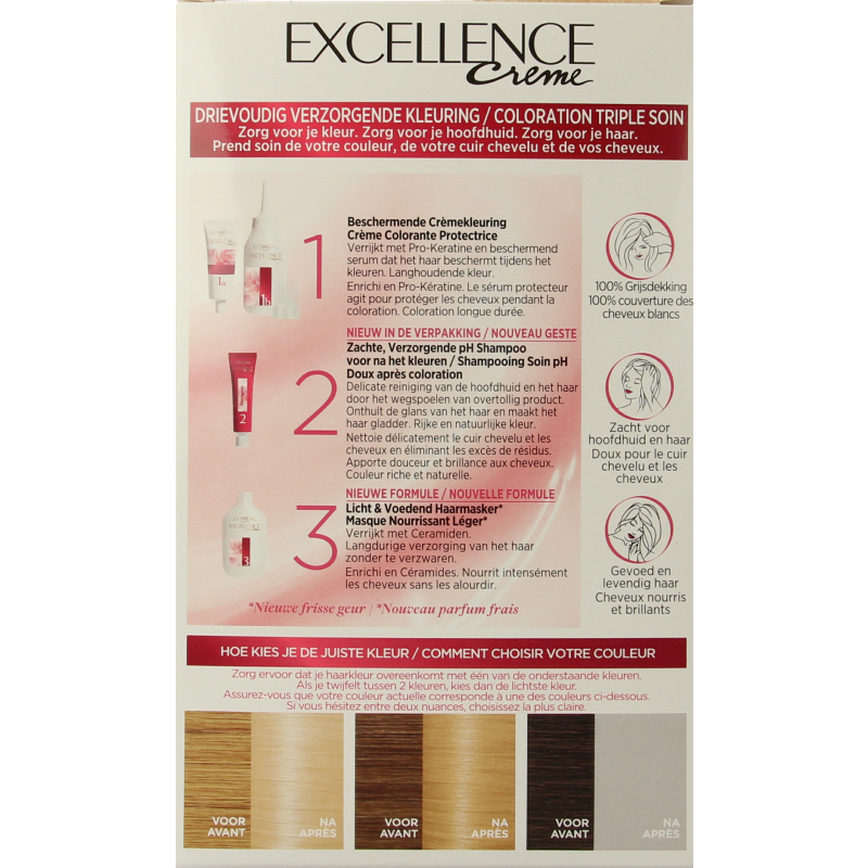 Excellence 10 Extra Lichtblond hair coloring kit from Excellence, featuring light blonde hair dye and applicator tools.