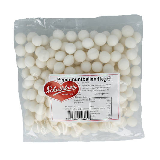 Schuttelaar Pepermuntballen in a 1 kg bag, showing colorful peppermint candies from the Dutch confectionery brand.