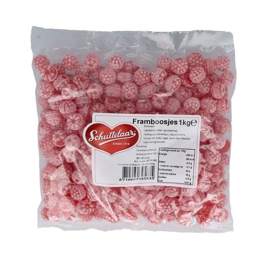 Schuttelaar Framboosjes raspberry candy in a 1kg bag, colorful chewy snoepgoed with raspberry flavor, produced by Schuttelaar.