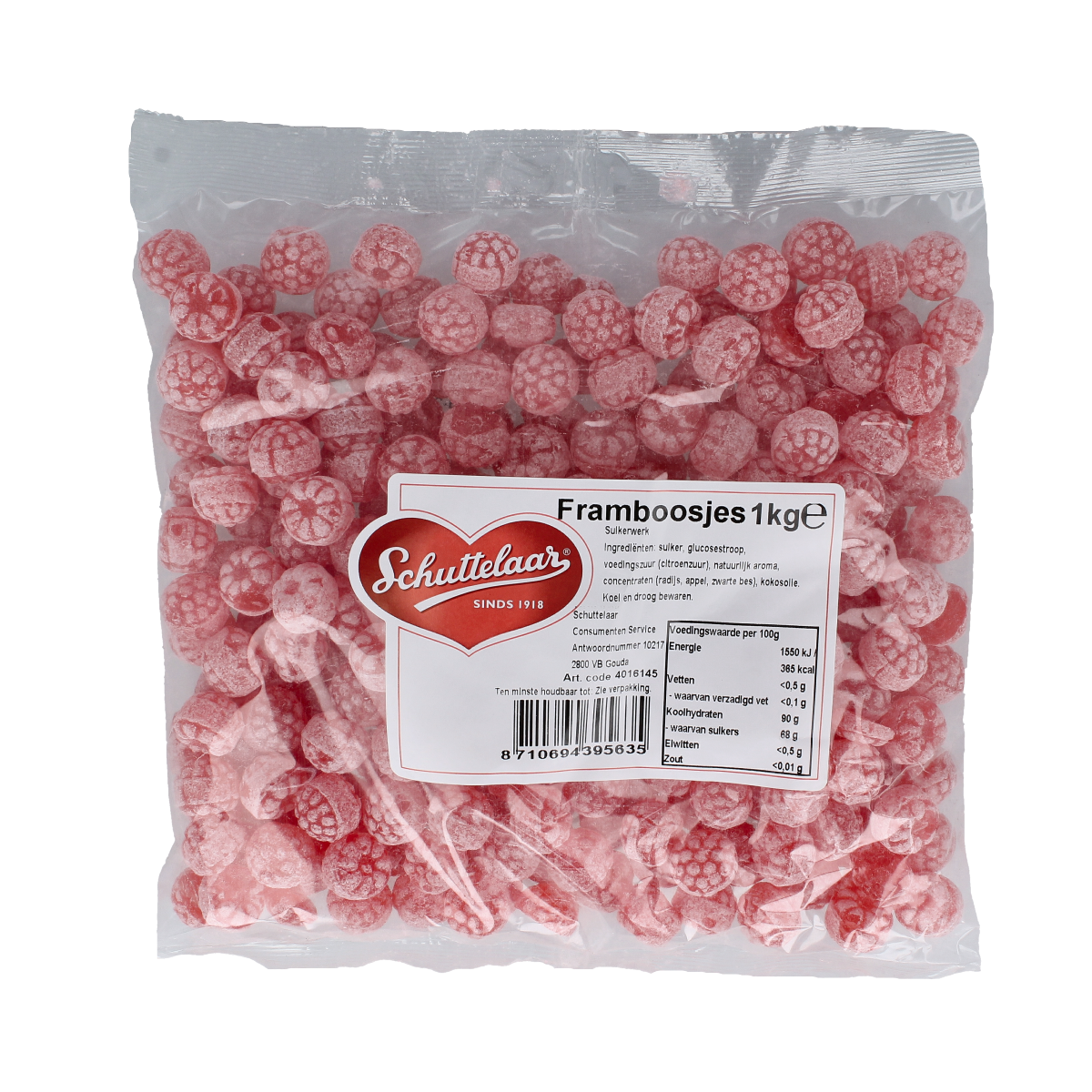 Schuttelaar Framboosjes raspberry-flavored snoepgoed in 1 kg bag, colorful and chewy raspberry candies from Schuttelaar.